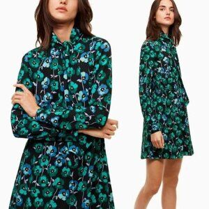 Aritzia Veronica Floral Poppy Black Green Tie Neck Long Sleeve Dress - Sz M